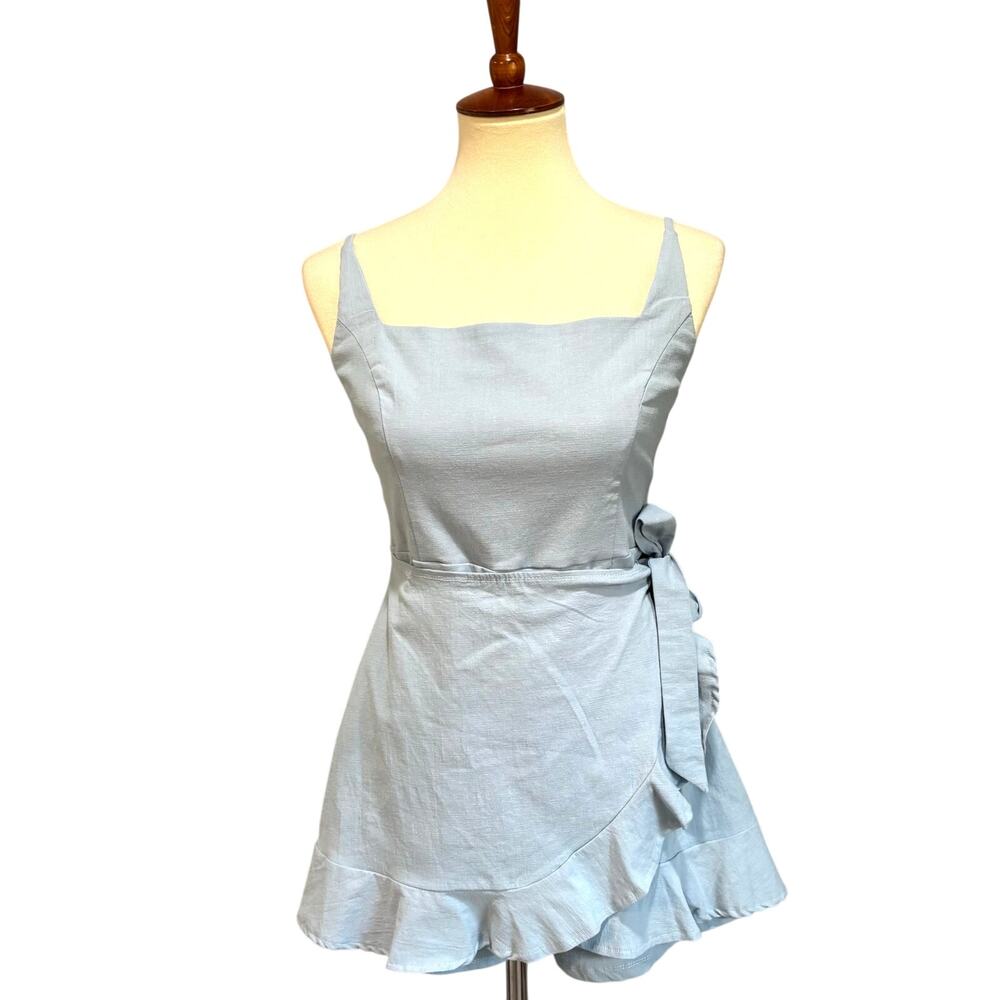 Princess Polly Cottage Hill Mini Romper Baby Blue Tiered Ruffle Wrap Skort
